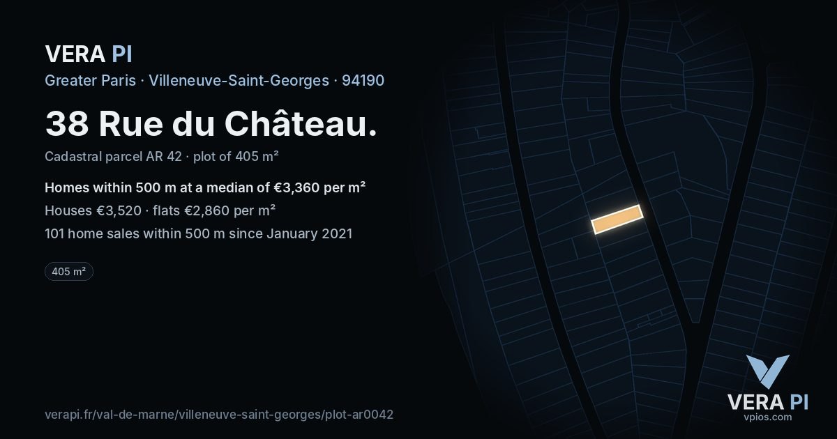 38 Rue du Château, Villeneuve-Saint-Georges at night – the plot lit, the parcels around coloured by the prices near them