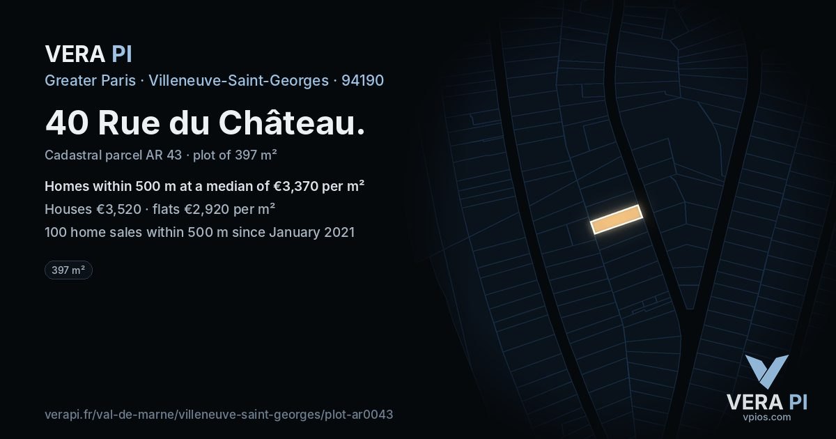 40 Rue du Château, Villeneuve-Saint-Georges at night – the plot lit, the parcels around coloured by the prices near them