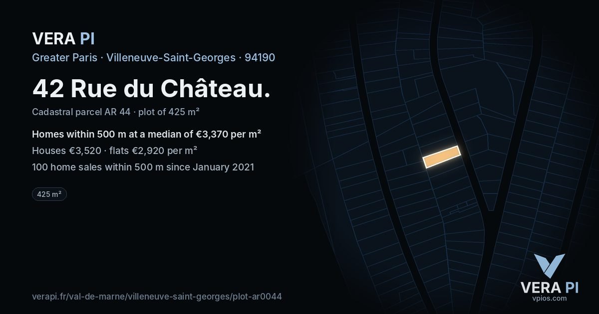 42 Rue du Château, Villeneuve-Saint-Georges at night – the plot lit, the parcels around coloured by the prices near them