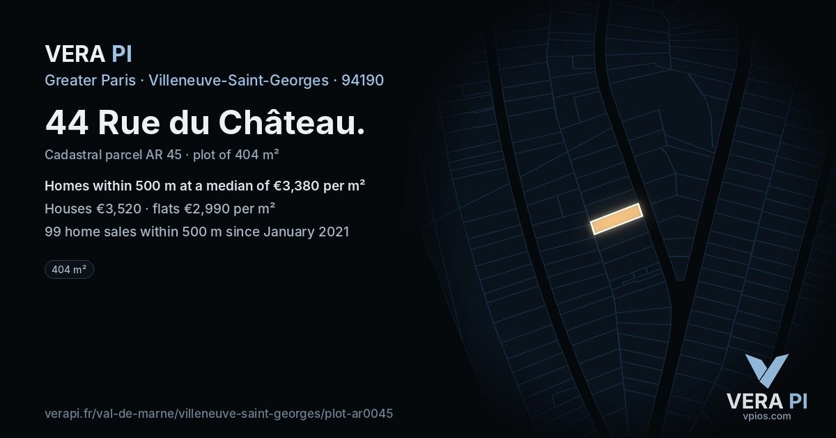 44 Rue du Château, Villeneuve-Saint-Georges at night – the plot lit, the parcels around coloured by the prices near them