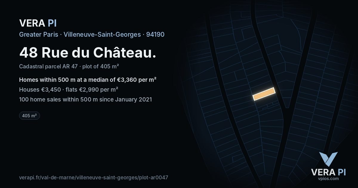 48 Rue du Château, Villeneuve-Saint-Georges at night – the plot lit, the parcels around coloured by the prices near them
