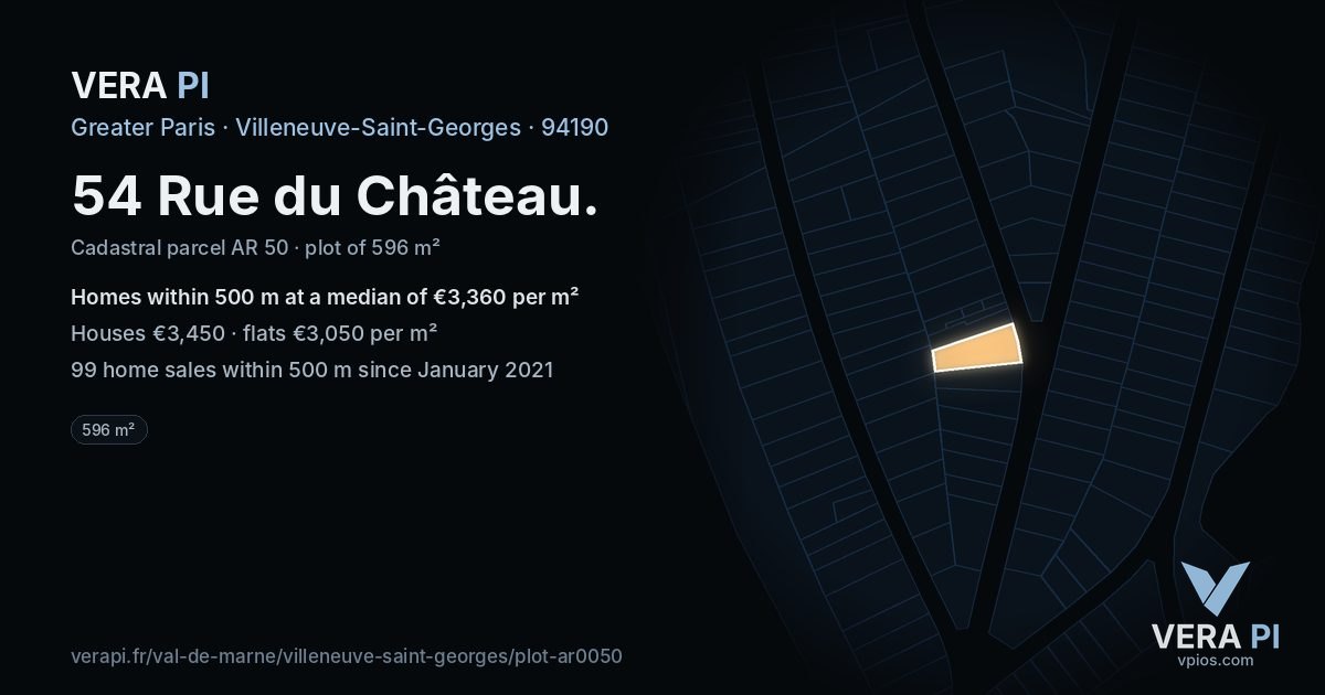 54 Rue du Château, Villeneuve-Saint-Georges at night – the plot lit, the parcels around coloured by the prices near them