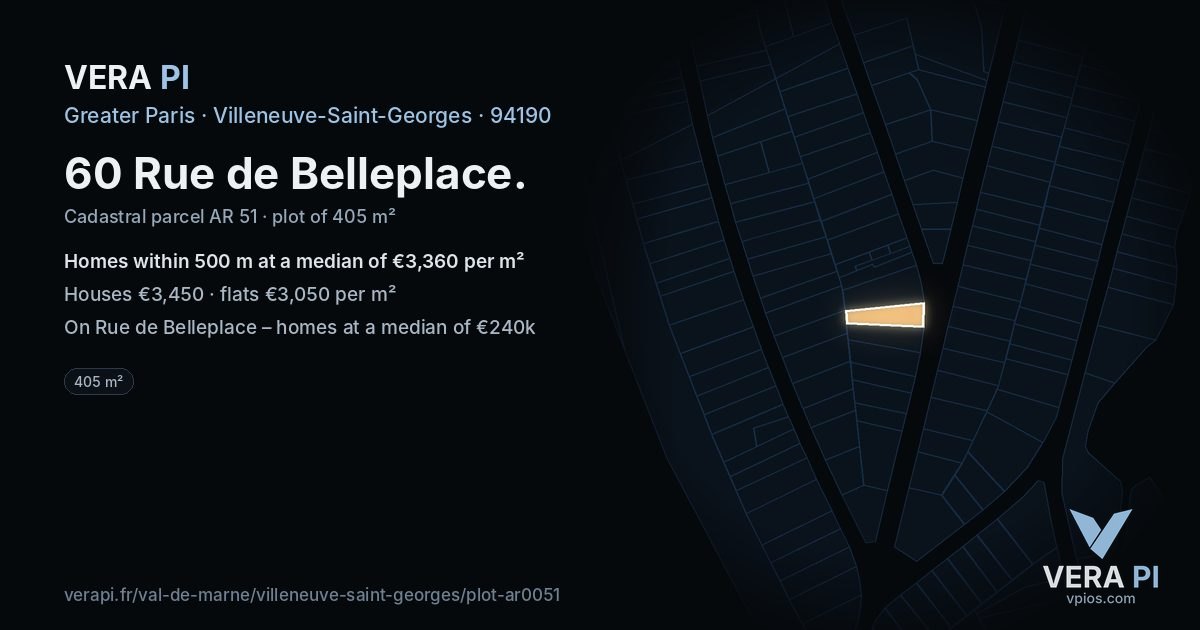 60 Rue de Belleplace, Villeneuve-Saint-Georges at night – the plot lit, the parcels around coloured by the prices near them