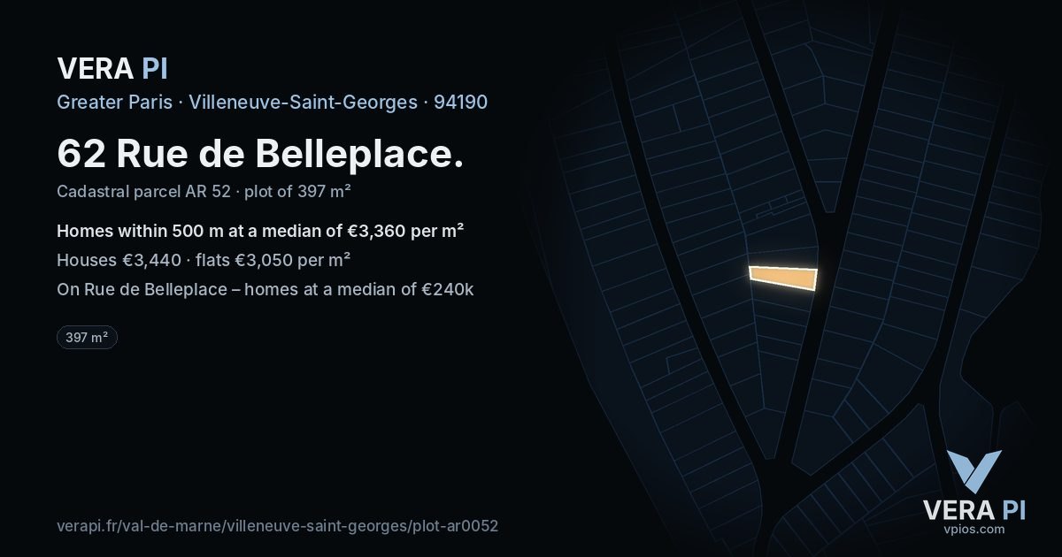 62 Rue de Belleplace, Villeneuve-Saint-Georges at night – the plot lit, the parcels around coloured by the prices near them