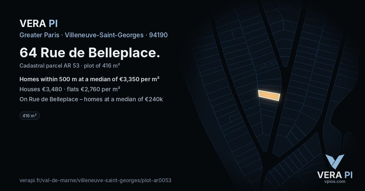 64 Rue de Belleplace, Villeneuve-Saint-Georges at night – the plot lit, the parcels around coloured by the prices near them