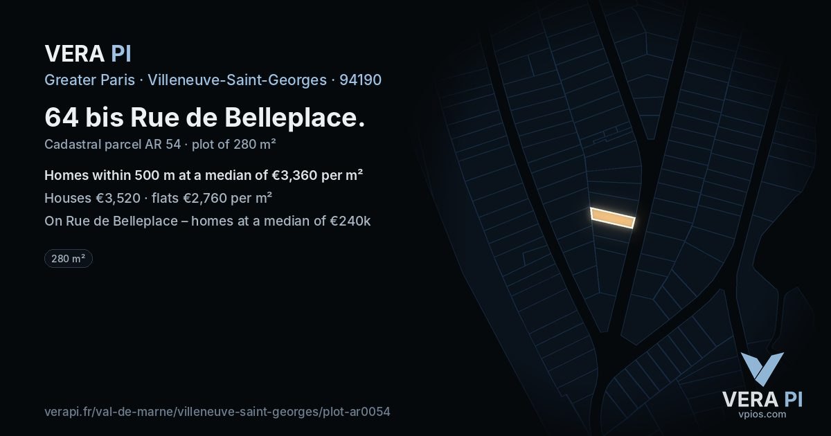 64 bis Rue de Belleplace, Villeneuve-Saint-Georges at night – the plot lit, the parcels around coloured by the prices near them