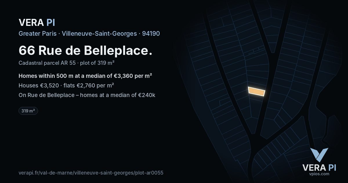 66 Rue de Belleplace, Villeneuve-Saint-Georges at night – the plot lit, the parcels around coloured by the prices near them