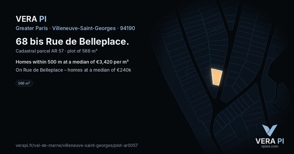 68 bis Rue de Belleplace, Villeneuve-Saint-Georges at night – the plot lit, the parcels around coloured by the prices near them