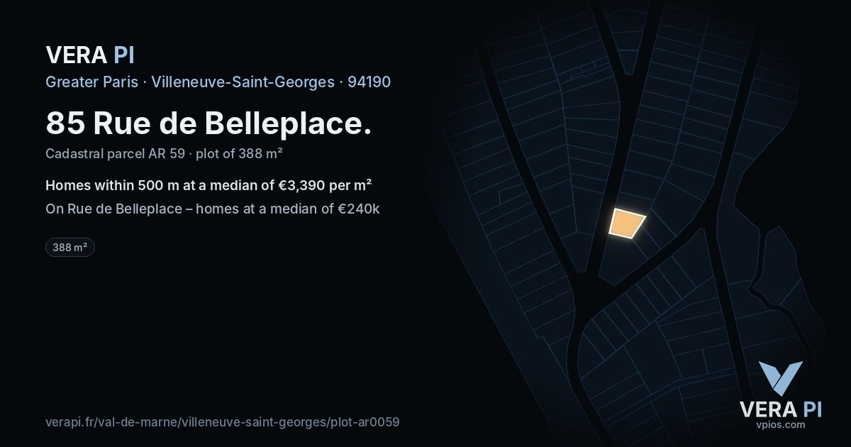 85 Rue de Belleplace, Villeneuve-Saint-Georges at night – the plot lit, the parcels around coloured by the prices near them