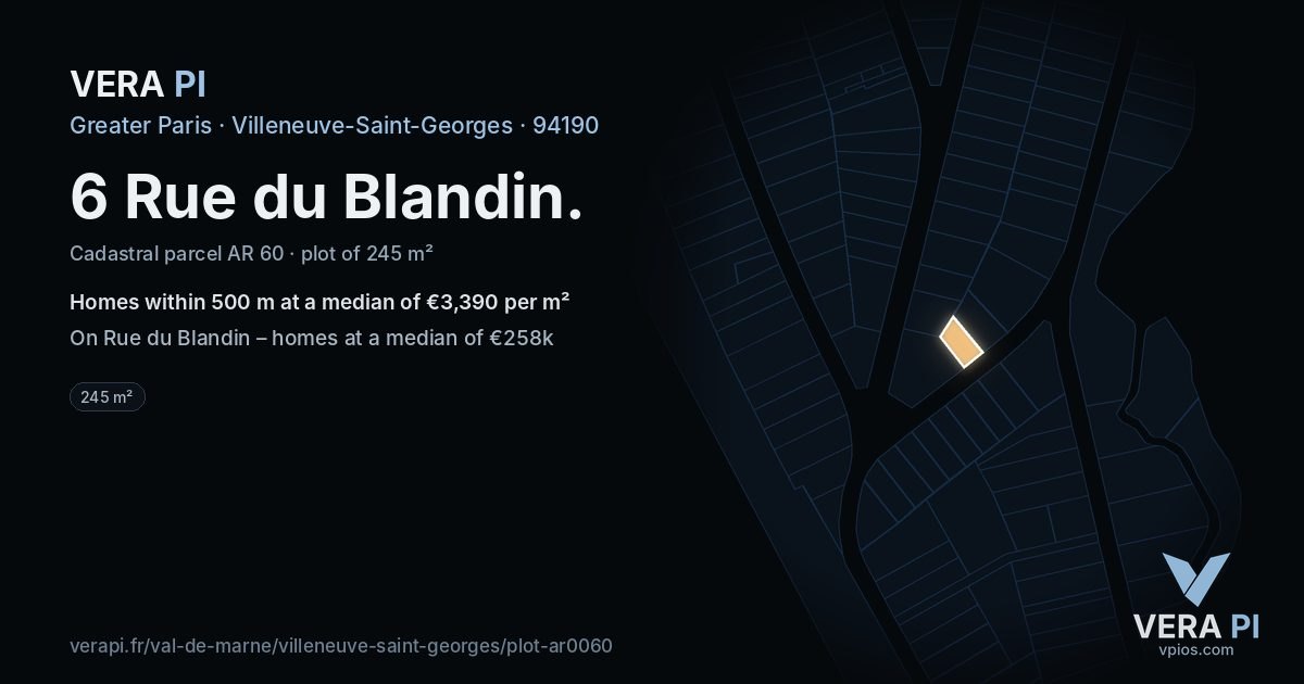 6 Rue du Blandin, Villeneuve-Saint-Georges at night – the plot lit, the parcels around coloured by the prices near them