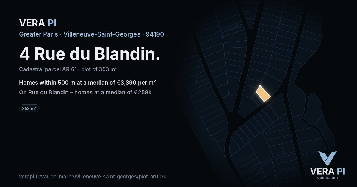 4 Rue du Blandin, Villeneuve-Saint-Georges at night – the plot lit, the parcels around coloured by the prices near them