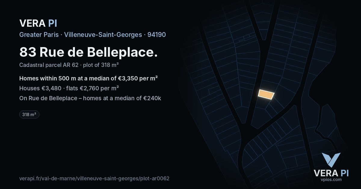 83 Rue de Belleplace, Villeneuve-Saint-Georges at night – the plot lit, the parcels around coloured by the prices near them