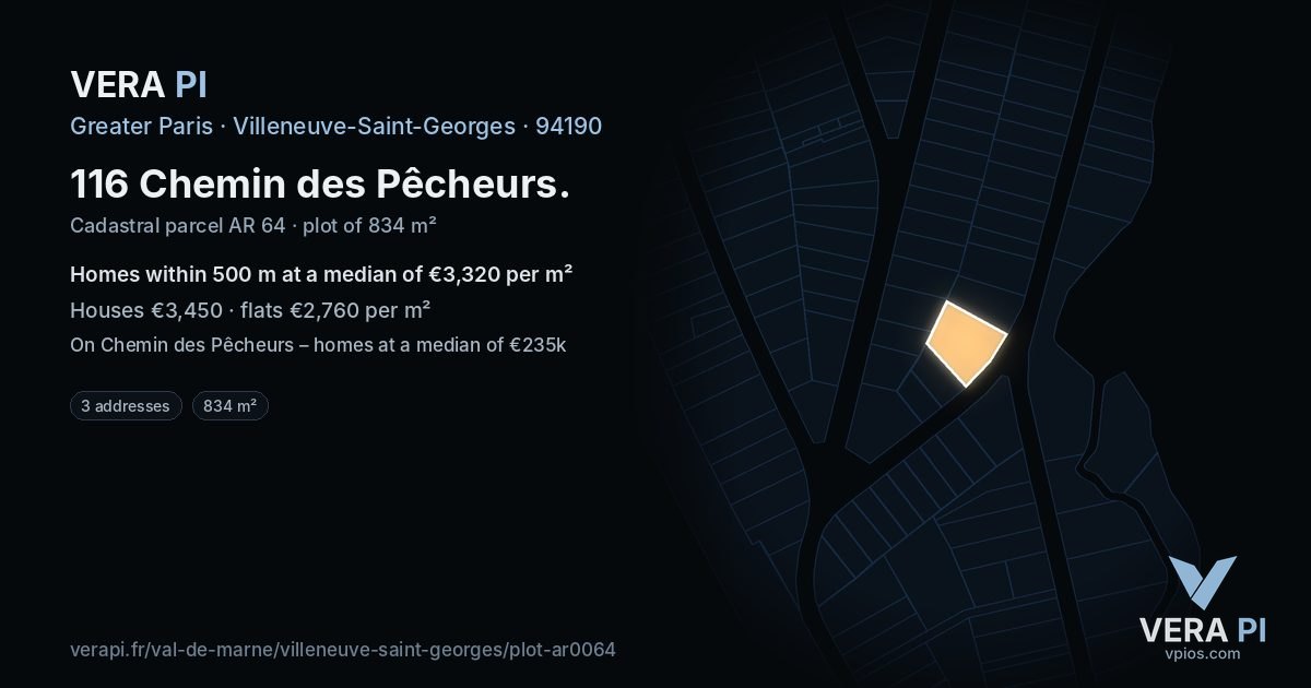116 Chemin des Pêcheurs, Villeneuve-Saint-Georges at night – the plot lit, the parcels around coloured by the prices near them