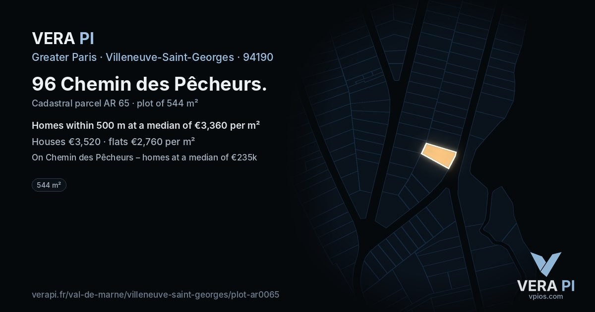 96 Chemin des Pêcheurs, Villeneuve-Saint-Georges at night – the plot lit, the parcels around coloured by the prices near them