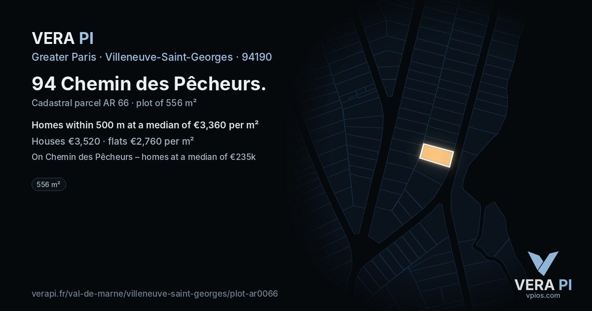 94 Chemin des Pêcheurs, Villeneuve-Saint-Georges at night – the plot lit, the parcels around coloured by the prices near them