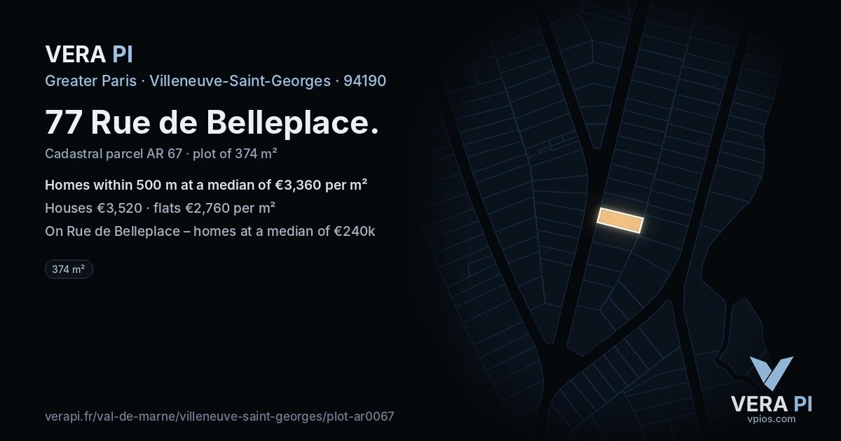 77 Rue de Belleplace, Villeneuve-Saint-Georges at night – the plot lit, the parcels around coloured by the prices near them