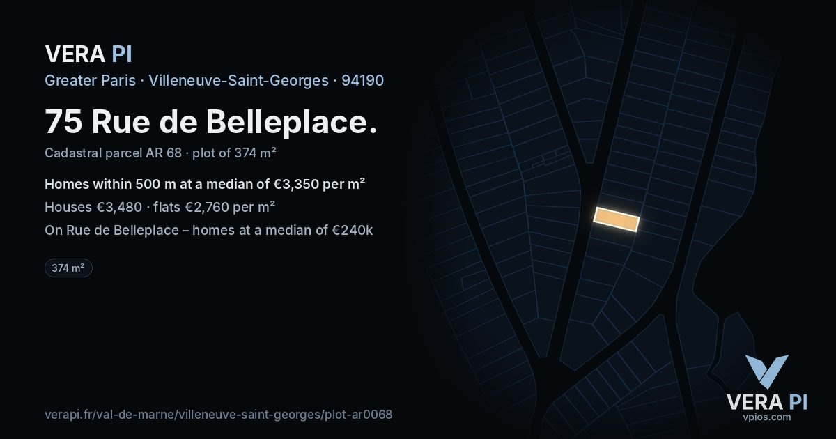 75 Rue de Belleplace, Villeneuve-Saint-Georges at night – the plot lit, the parcels around coloured by the prices near them