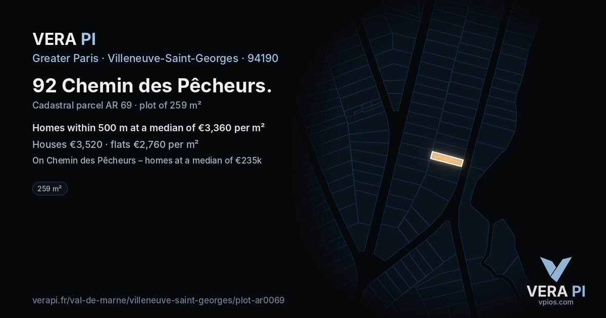 92 Chemin des Pêcheurs, Villeneuve-Saint-Georges at night – the plot lit, the parcels around coloured by the prices near them