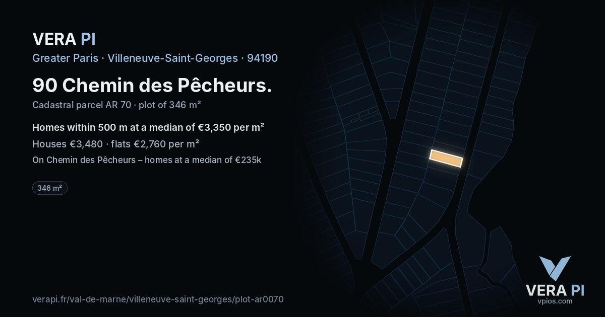 90 Chemin des Pêcheurs, Villeneuve-Saint-Georges at night – the plot lit, the parcels around coloured by the prices near them