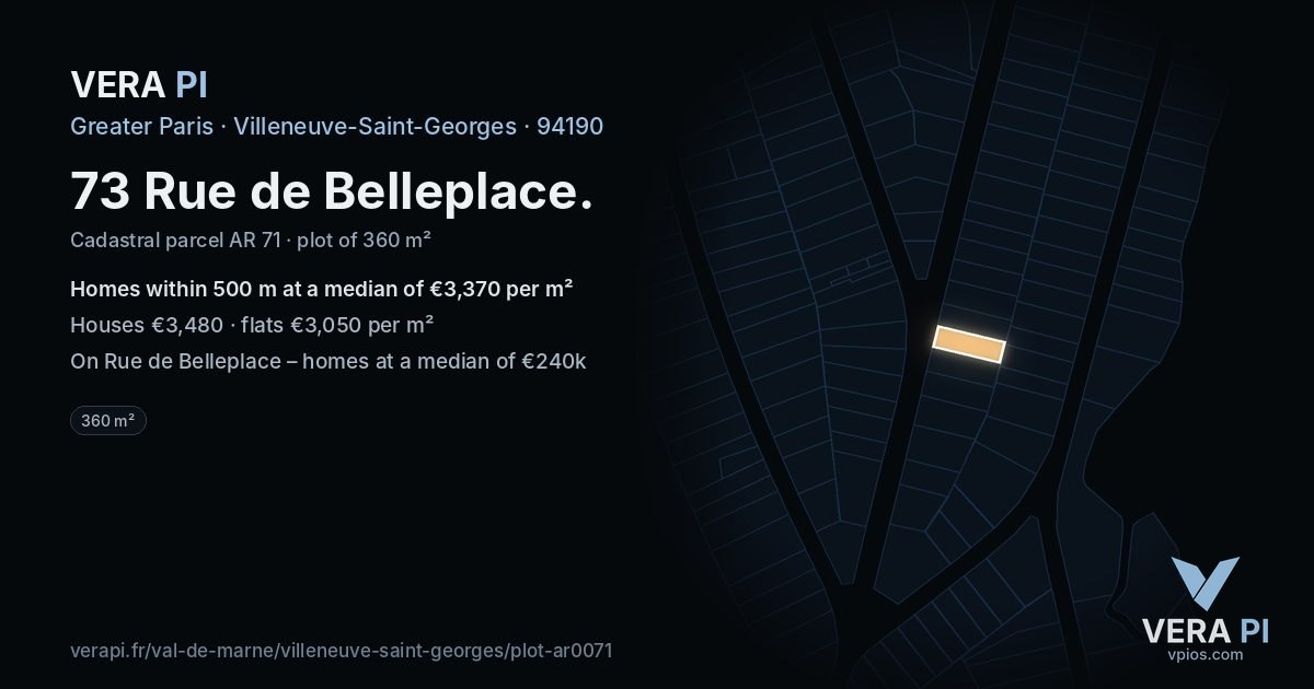 73 Rue de Belleplace, Villeneuve-Saint-Georges at night – the plot lit, the parcels around coloured by the prices near them
