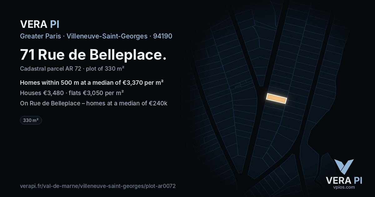71 Rue de Belleplace, Villeneuve-Saint-Georges at night – the plot lit, the parcels around coloured by the prices near them