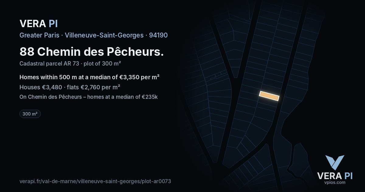 88 Chemin des Pêcheurs, Villeneuve-Saint-Georges at night – the plot lit, the parcels around coloured by the prices near them