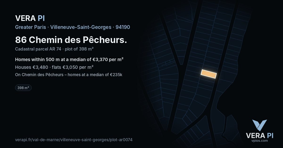 86 Chemin des Pêcheurs, Villeneuve-Saint-Georges at night – the plot lit, the parcels around coloured by the prices near them