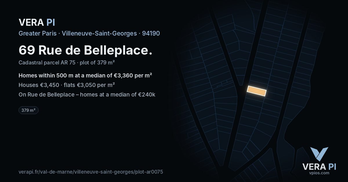 69 Rue de Belleplace, Villeneuve-Saint-Georges at night – the plot lit, the parcels around coloured by the prices near them