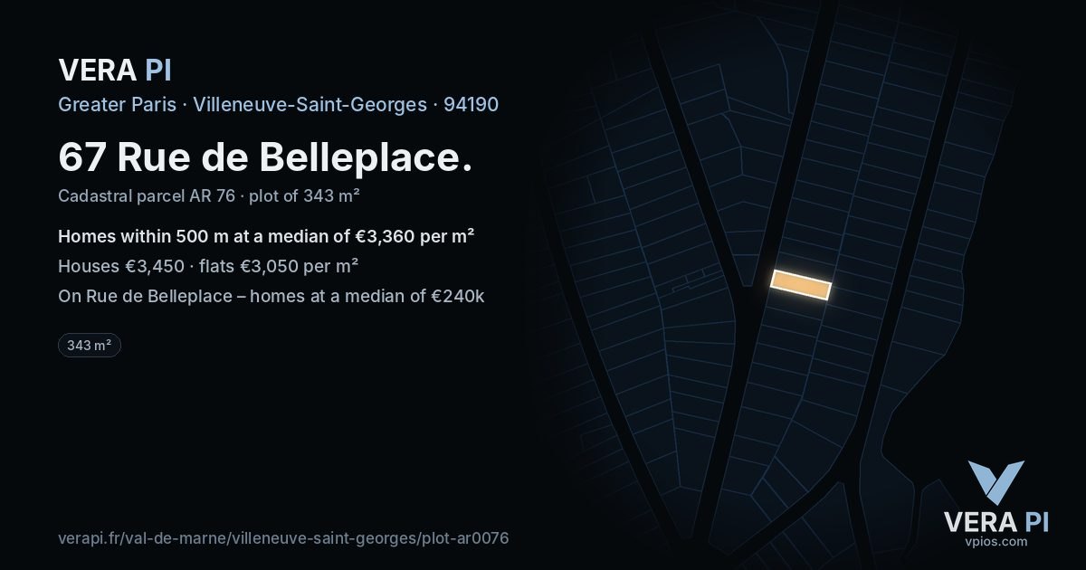 67 Rue de Belleplace, Villeneuve-Saint-Georges at night – the plot lit, the parcels around coloured by the prices near them