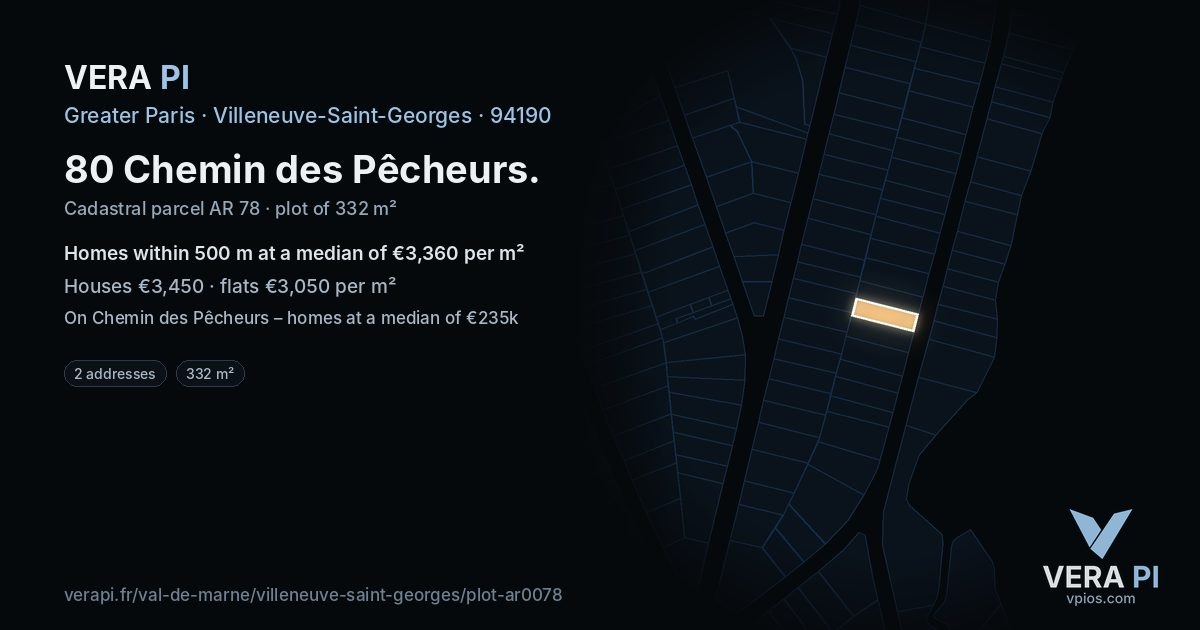 80 Chemin des Pêcheurs, Villeneuve-Saint-Georges at night – the plot lit, the parcels around coloured by the prices near them