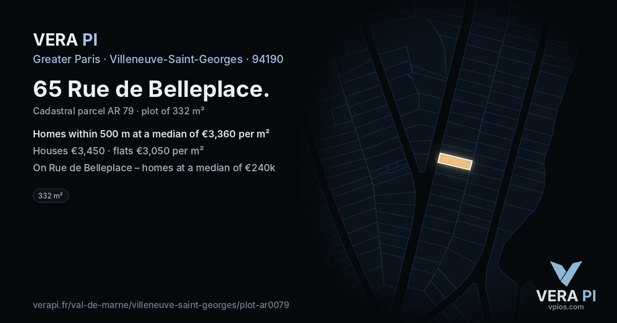 65 Rue de Belleplace, Villeneuve-Saint-Georges at night – the plot lit, the parcels around coloured by the prices near them