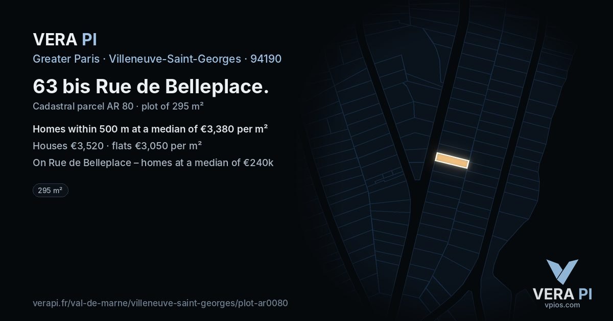 63 bis Rue de Belleplace, Villeneuve-Saint-Georges at night – the plot lit, the parcels around coloured by the prices near them