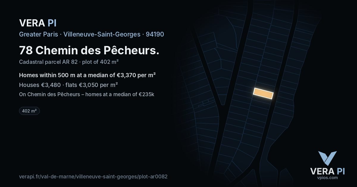 78 Chemin des Pêcheurs, Villeneuve-Saint-Georges at night – the plot lit, the parcels around coloured by the prices near them