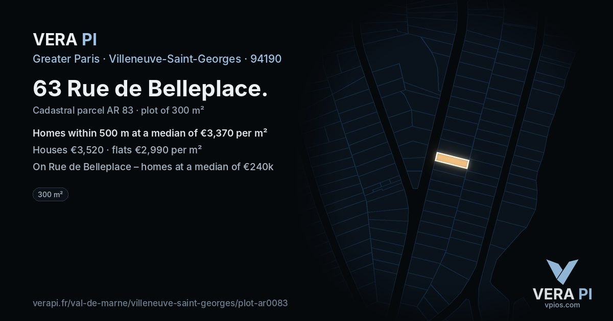 63 Rue de Belleplace, Villeneuve-Saint-Georges at night – the plot lit, the parcels around coloured by the prices near them