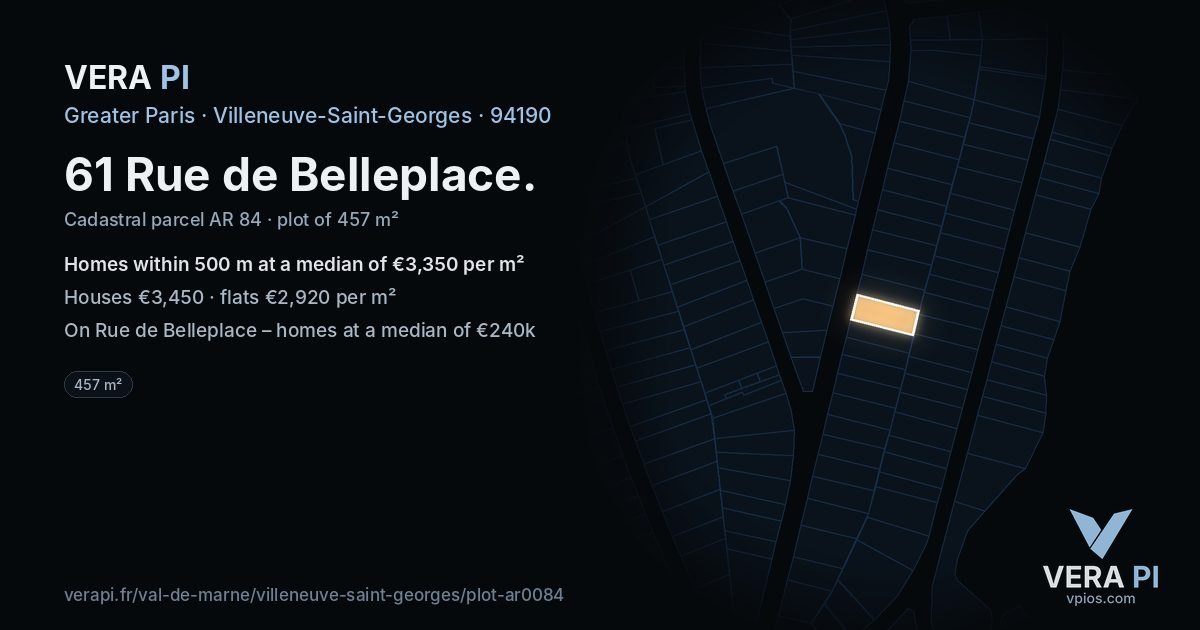 61 Rue de Belleplace, Villeneuve-Saint-Georges at night – the plot lit, the parcels around coloured by the prices near them