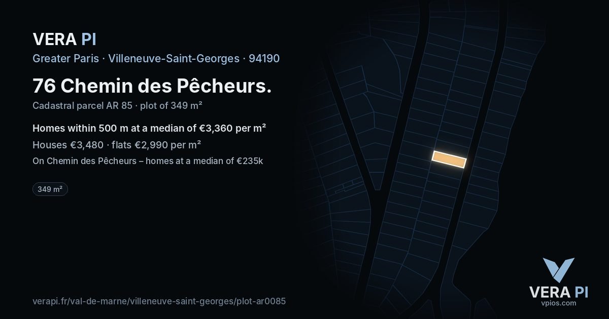 76 Chemin des Pêcheurs, Villeneuve-Saint-Georges at night – the plot lit, the parcels around coloured by the prices near them