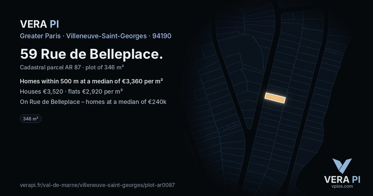 59 Rue de Belleplace, Villeneuve-Saint-Georges at night – the plot lit, the parcels around coloured by the prices near them