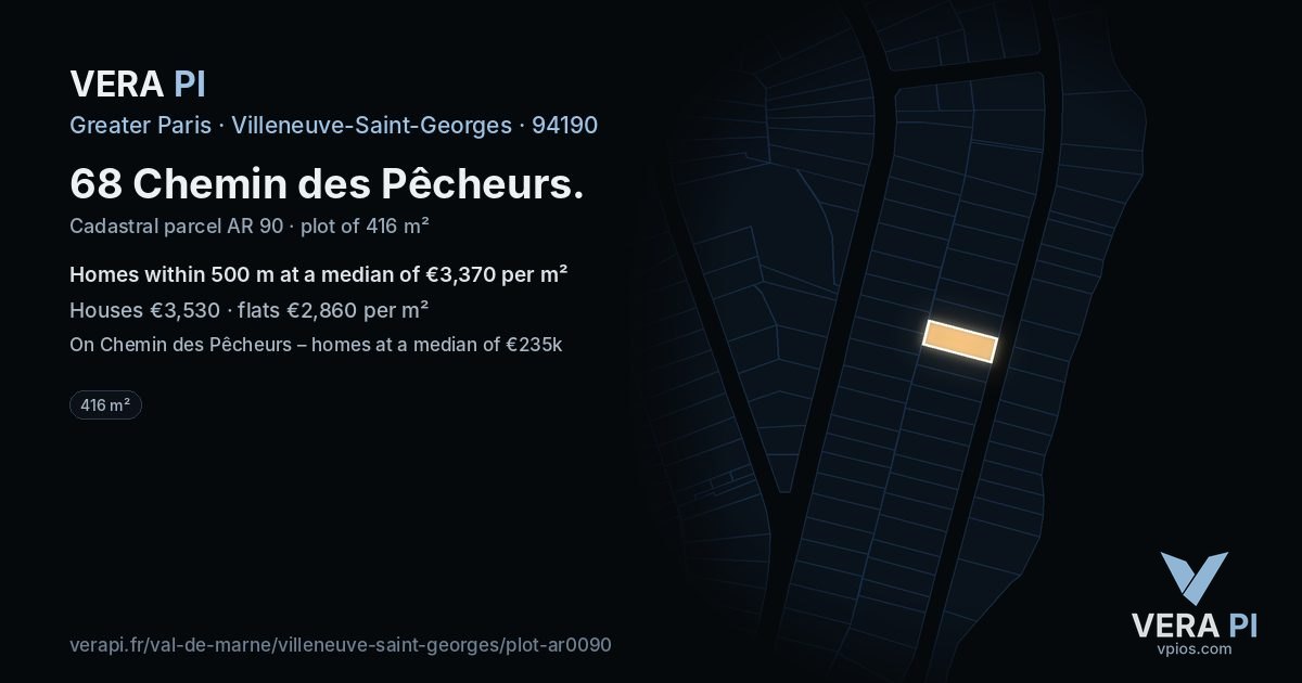 68 Chemin des Pêcheurs, Villeneuve-Saint-Georges at night – the plot lit, the parcels around coloured by the prices near them