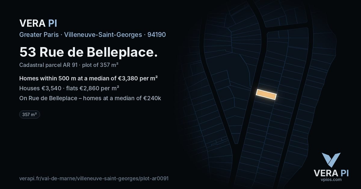 53 Rue de Belleplace, Villeneuve-Saint-Georges at night – the plot lit, the parcels around coloured by the prices near them