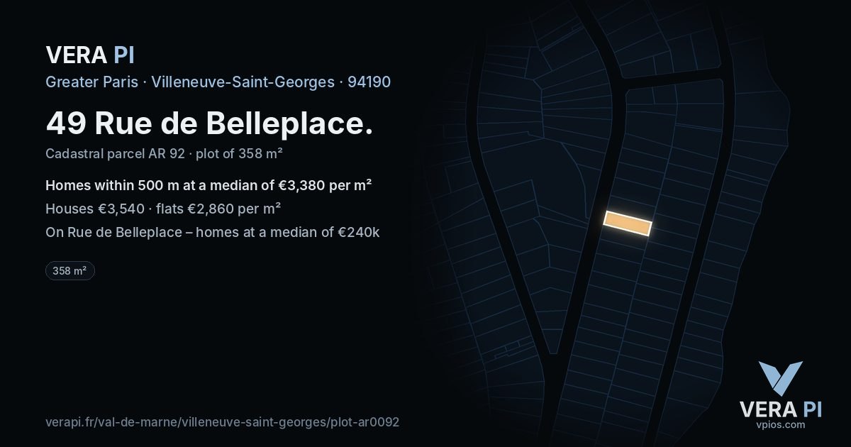 49 Rue de Belleplace, Villeneuve-Saint-Georges at night – the plot lit, the parcels around coloured by the prices near them