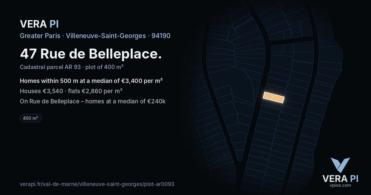 47 Rue de Belleplace, Villeneuve-Saint-Georges at night – the plot lit, the parcels around coloured by the prices near them