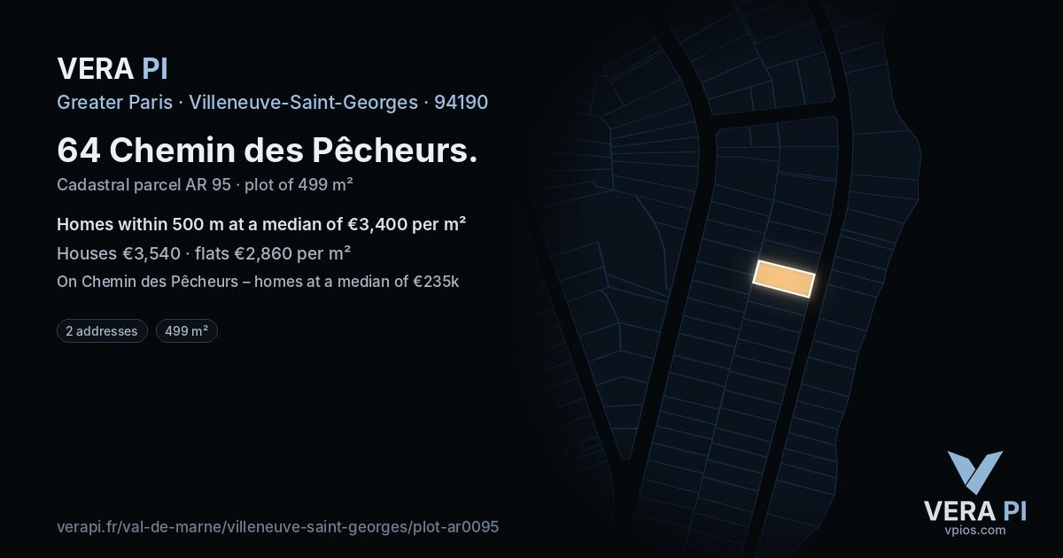 64 Chemin des Pêcheurs, Villeneuve-Saint-Georges at night – the plot lit, the parcels around coloured by the prices near them