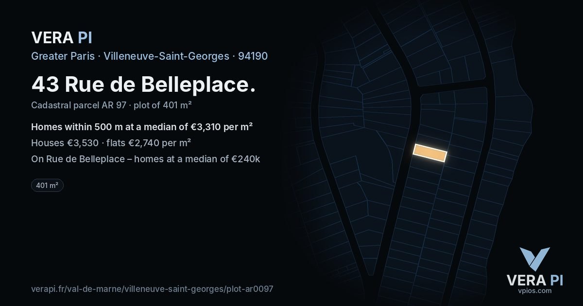 43 Rue de Belleplace, Villeneuve-Saint-Georges at night – the plot lit, the parcels around coloured by the prices near them