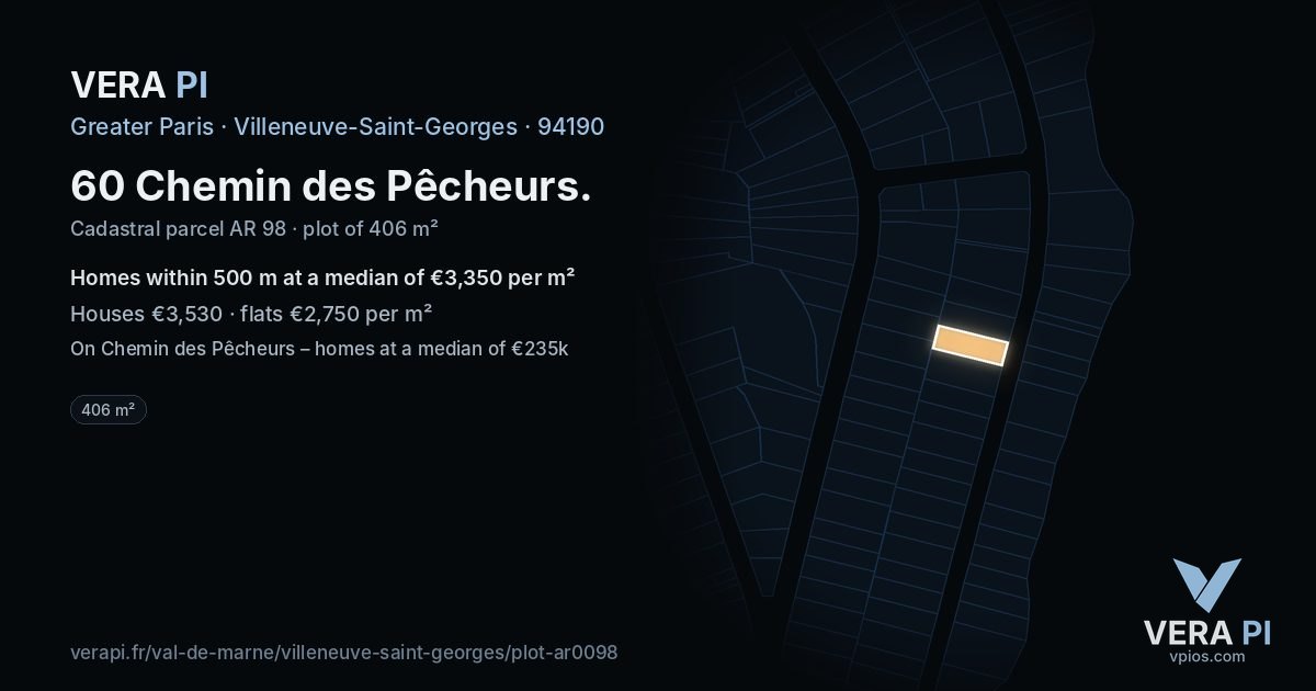 60 Chemin des Pêcheurs, Villeneuve-Saint-Georges at night – the plot lit, the parcels around coloured by the prices near them