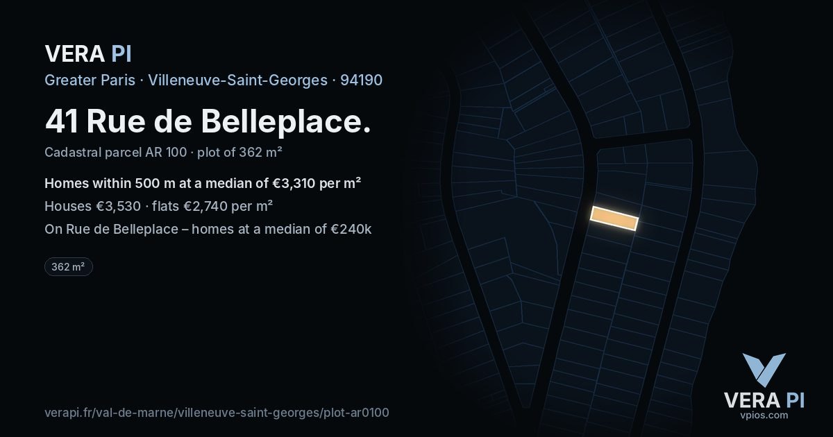 41 Rue de Belleplace, Villeneuve-Saint-Georges at night – the plot lit, the parcels around coloured by the prices near them