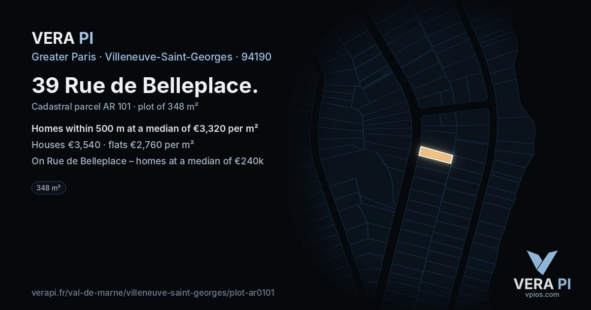 39 Rue de Belleplace, Villeneuve-Saint-Georges at night – the plot lit, the parcels around coloured by the prices near them
