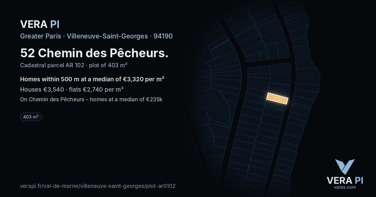 52 Chemin des Pêcheurs, Villeneuve-Saint-Georges at night – the plot lit, the parcels around coloured by the prices near them