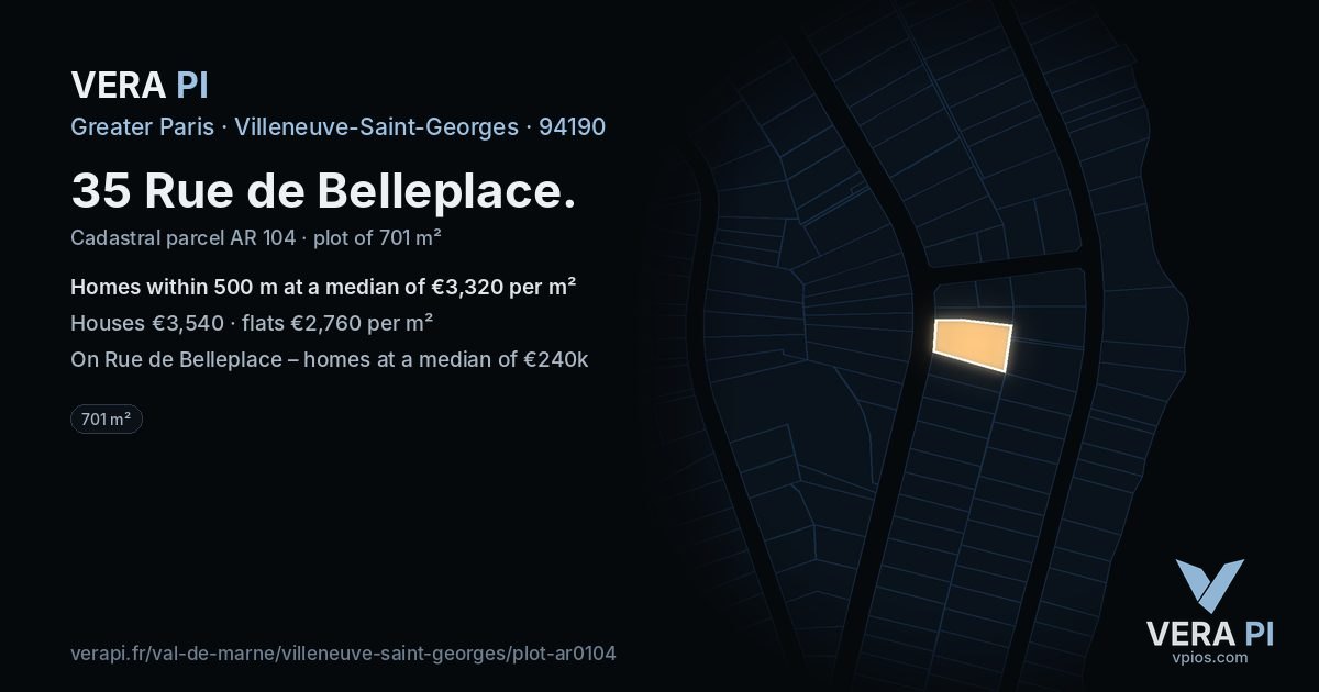 35 Rue de Belleplace, Villeneuve-Saint-Georges at night – the plot lit, the parcels around coloured by the prices near them