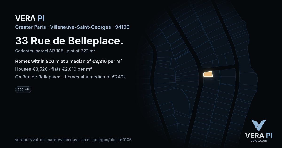 33 Rue de Belleplace, Villeneuve-Saint-Georges at night – the plot lit, the parcels around coloured by the prices near them