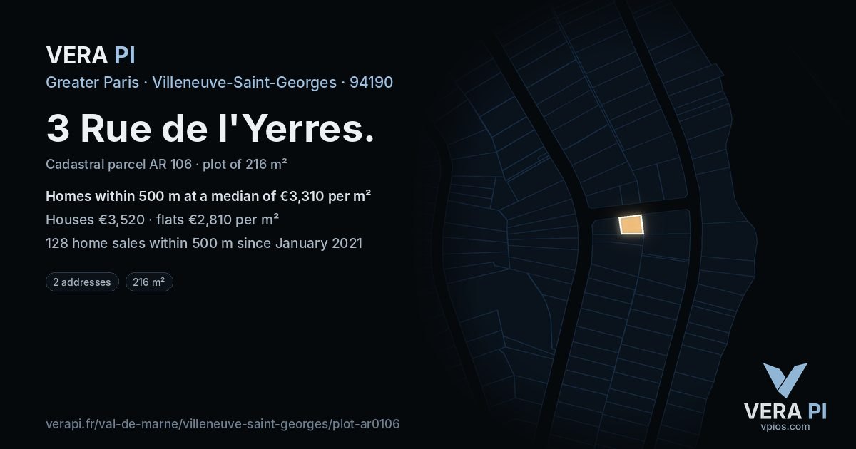 3 Rue de l'Yerres, Villeneuve-Saint-Georges at night – the plot lit, the parcels around coloured by the prices near them